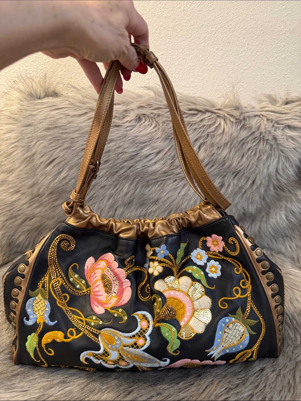 Isabella Fiore Embroidered Floral Shoulder Bag in Black & Multicolor